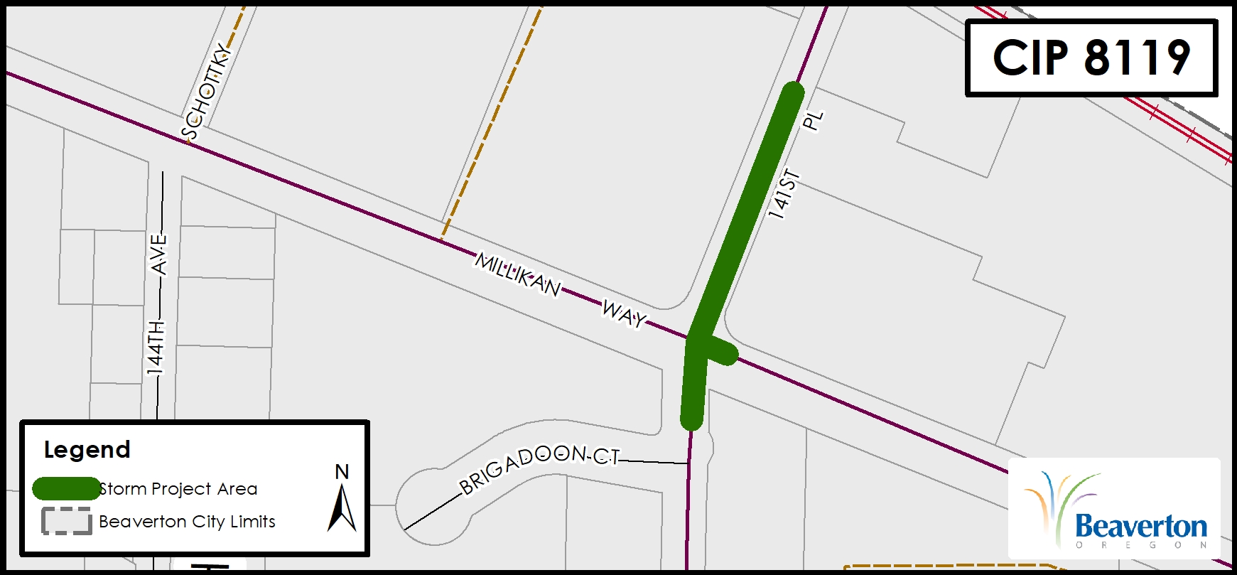 CIP 8119 Project Map for SW 141st Pl at intersection of Millikan Way, between Brigadoon Ct and Max tracks.