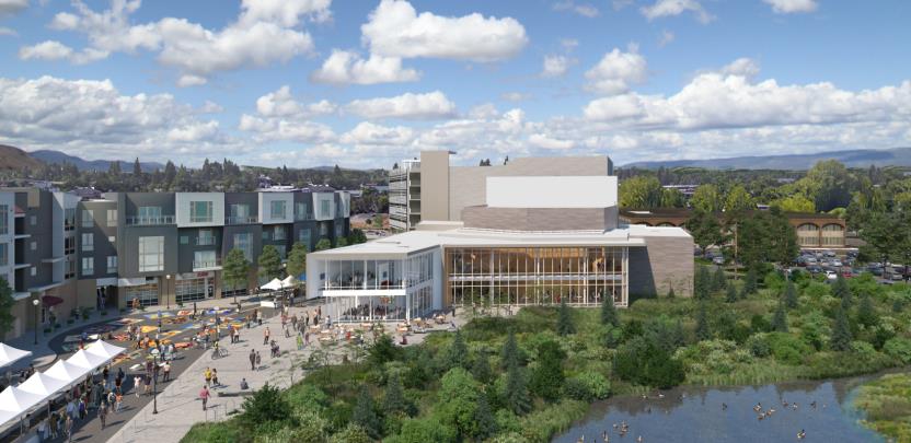 Architectural rendering of the Patricia Reser Center for the Arts with The Round condos and Rose Biggi office complex in the background.